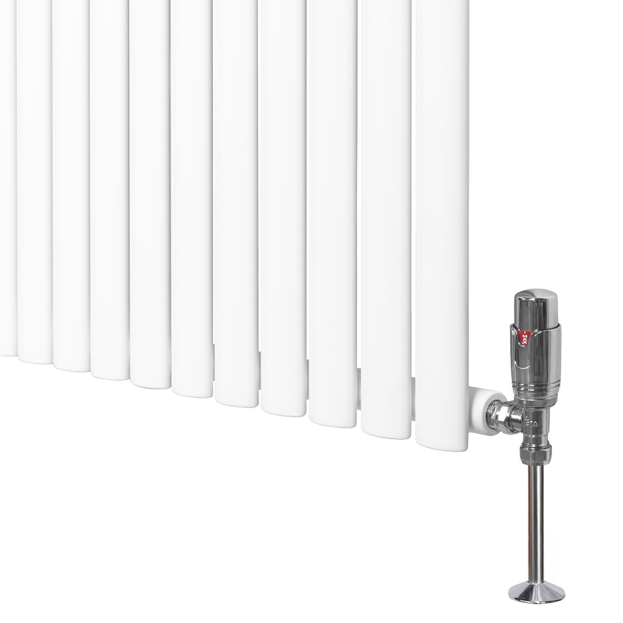 Ovale design radiator in wit met één kolom, 1600 mm x 360 mm, inclusief haakse thermostaatkraan voor moderne interieurs
