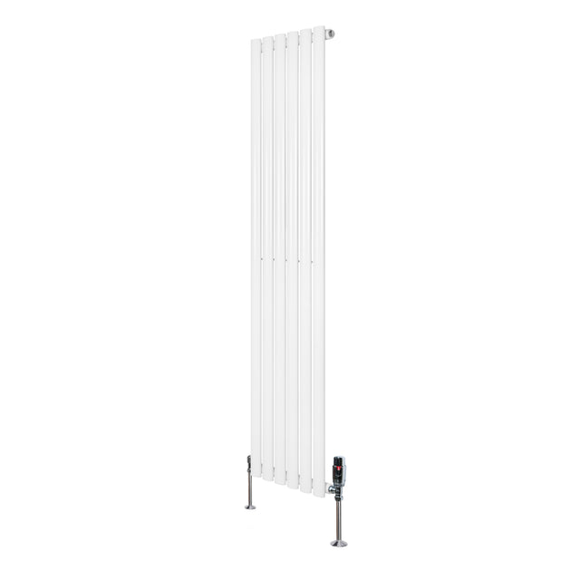 Ovale design radiator in wit, 1 kolom, 1600 mm x 360 mm, met een haakse thermostaatkraan en een strakke, moderne uitstraling