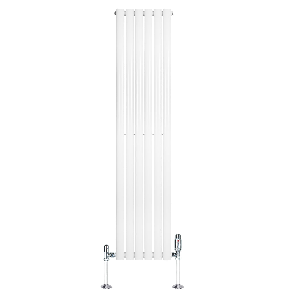 Ovale witte designradiator van 1600 mm x 360 mm met een haakse thermostaatkraan en een strakke, moderne uitstraling
