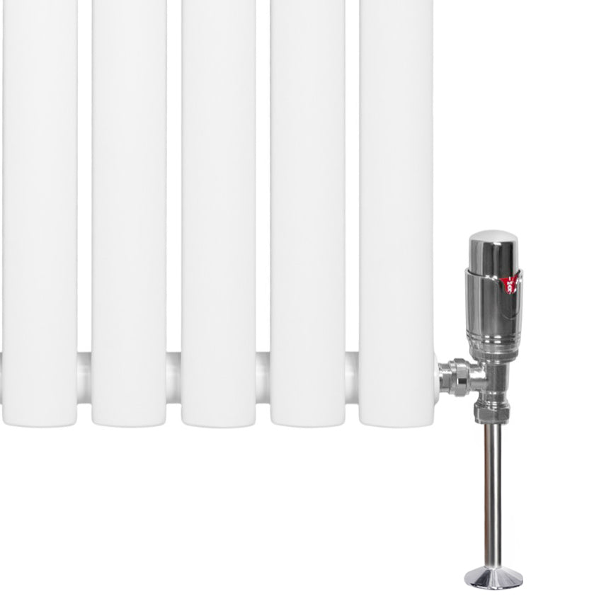 Ovale witte designradiator met één kolom, 1600 mm x 360 mm, inclusief haakse thermostaatkraan en glanzende afwerking