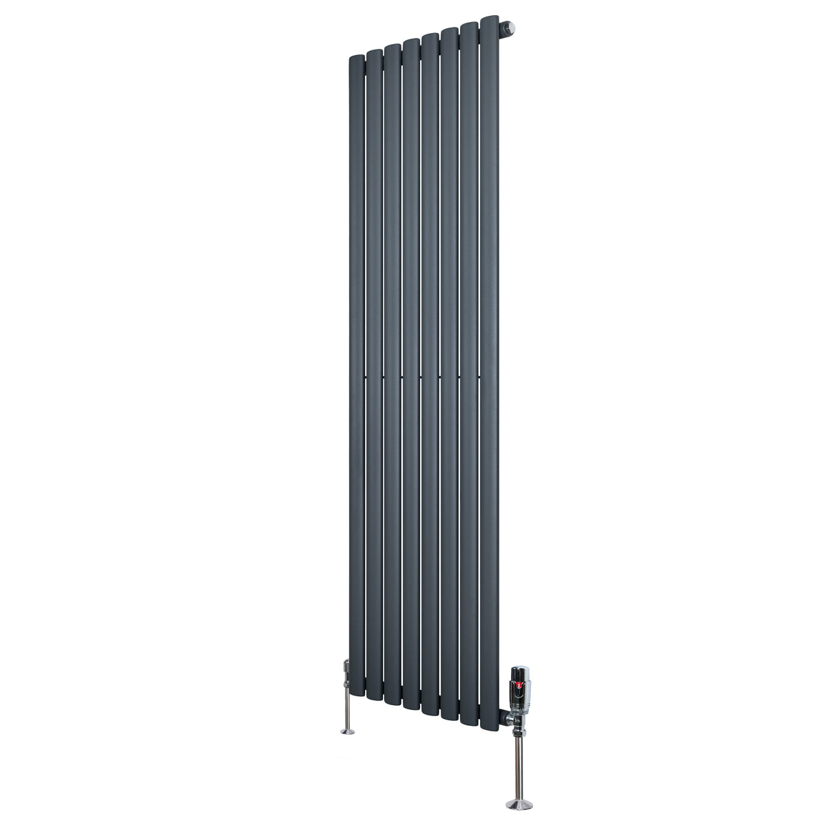 Ovale design radiator in antraciet grijs, 1600 mm x 480 mm, met een haakse thermostaatkraan en een strakke, moderne uitstraling