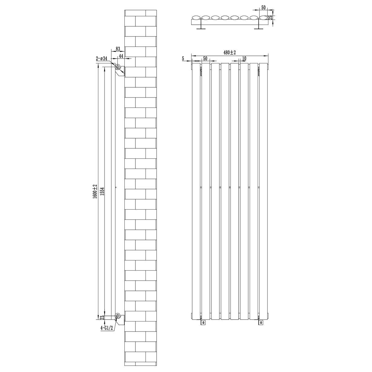 Ovale design radiator in antraciet grijs, 1 kolom, afmetingen 1600 mm x 480 mm, inclusief haakse thermostaatkraan en technische tekening
