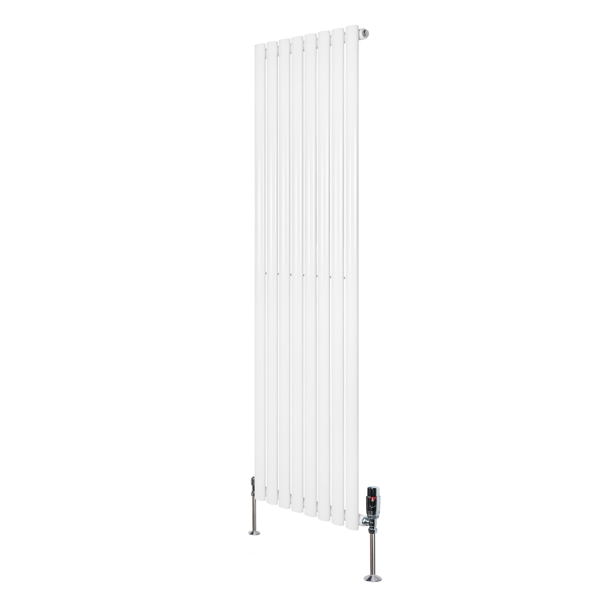 Ovale witte designradiator van 1600 mm x 480 mm met een haakse thermostaatkraan en een strakke, moderne uitstraling