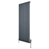 Ovale design radiator in antraciet grijs, 1 kolom, met haakse thermostaatkraan, modern en strak ontwerp, 1600 mm x 600 mm