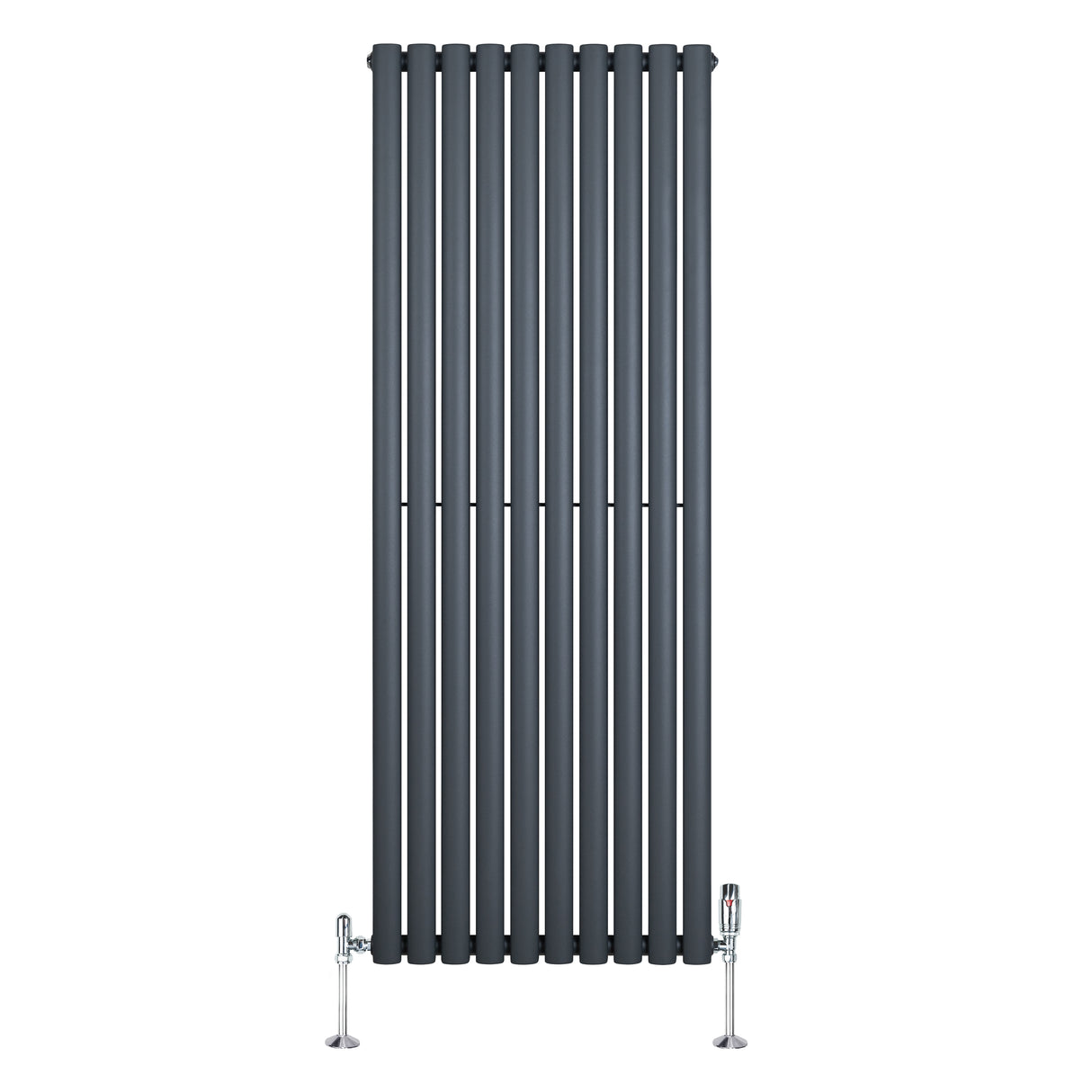 Ovale design radiator in antraciet grijs, 1600 mm x 600 mm, met een moderne uitstraling en haakse thermostaatkraan