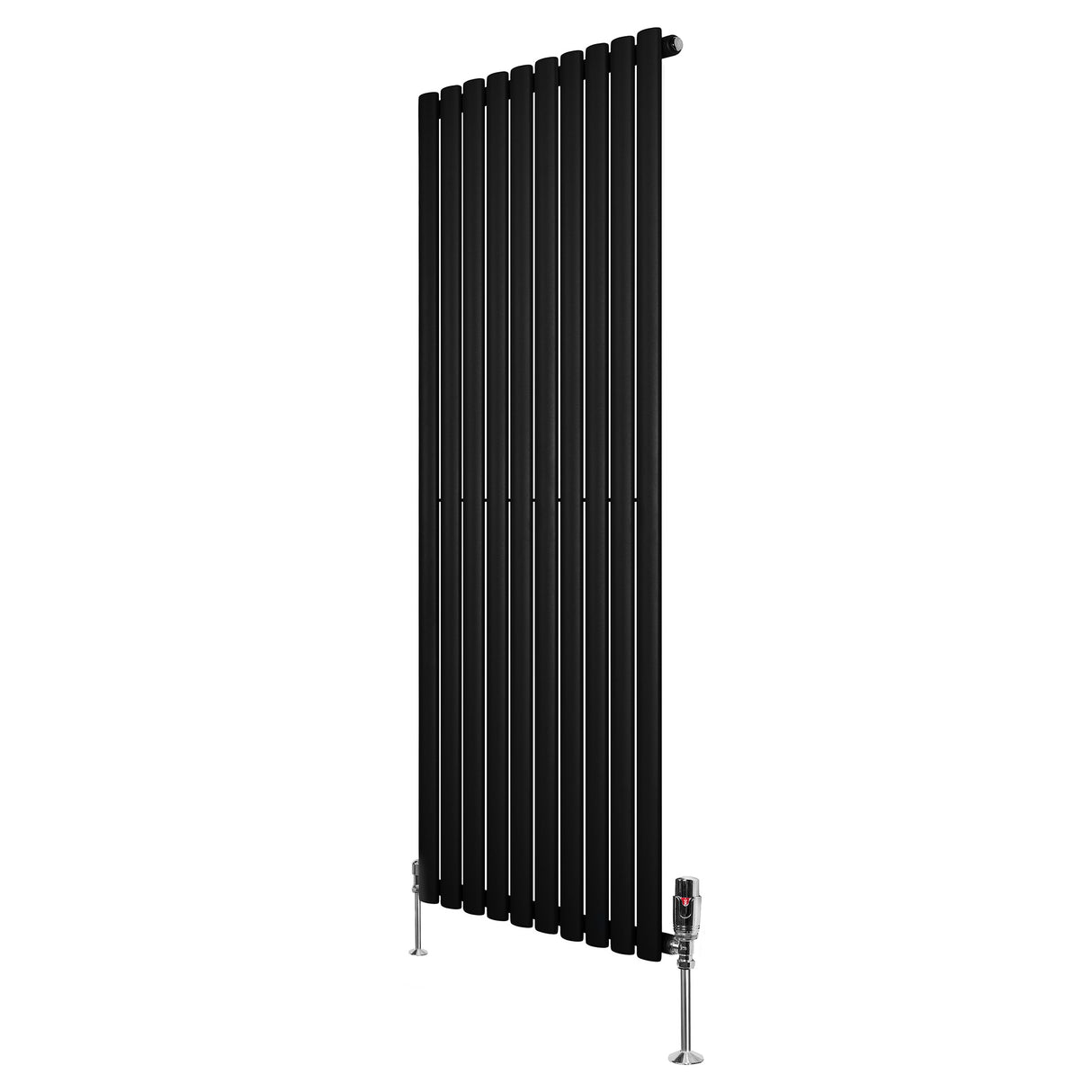 Ovale zwarte designradiator van 1600 mm x 600 mm met een moderne, verticale vorm en een haakse thermostaatkraan