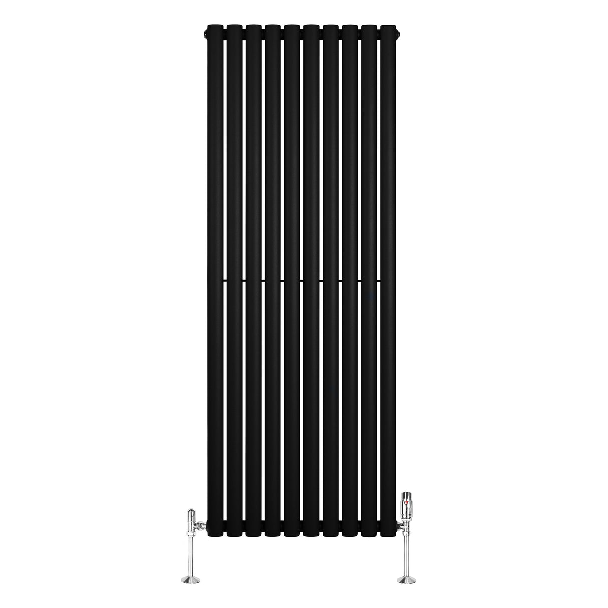 Ovale zwarte design radiator van 1600 mm x 600 mm met een kolom en haakse thermostaatkraan, strak en modern ontwerp