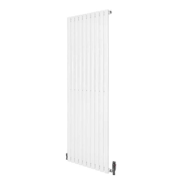 Ovale design radiator in wit, 1 kolom, 1600 mm x 600 mm, met haakse thermostaatkraan, strak en modern uiterlijk