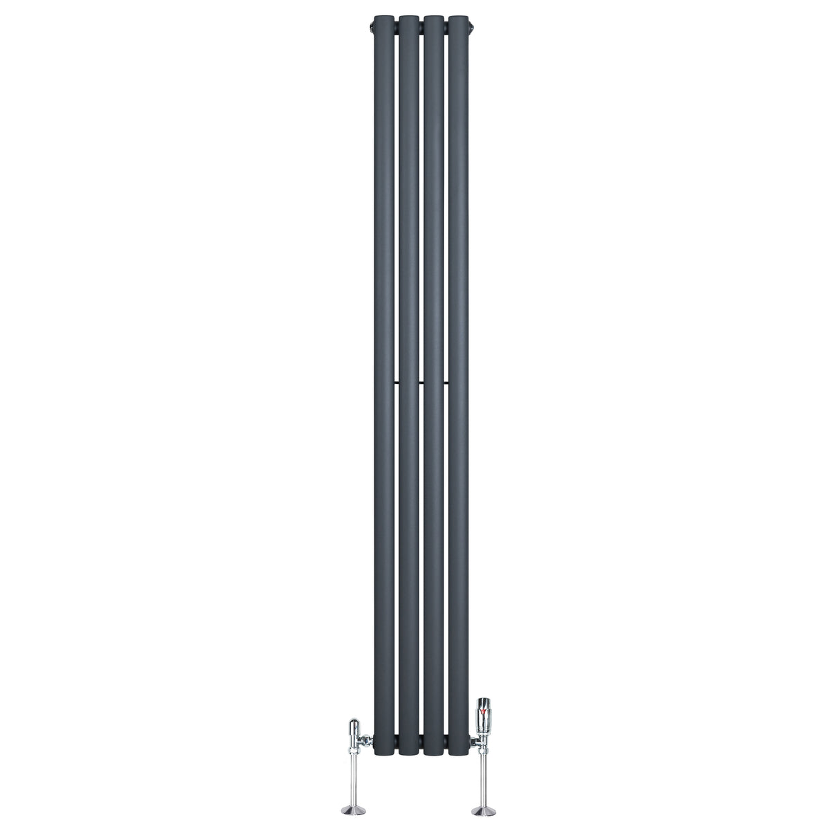 Ovale design radiator in antraciet grijs, 1800 mm x 240 mm, met een haakse thermostaatkraan en strakke, moderne lijnen