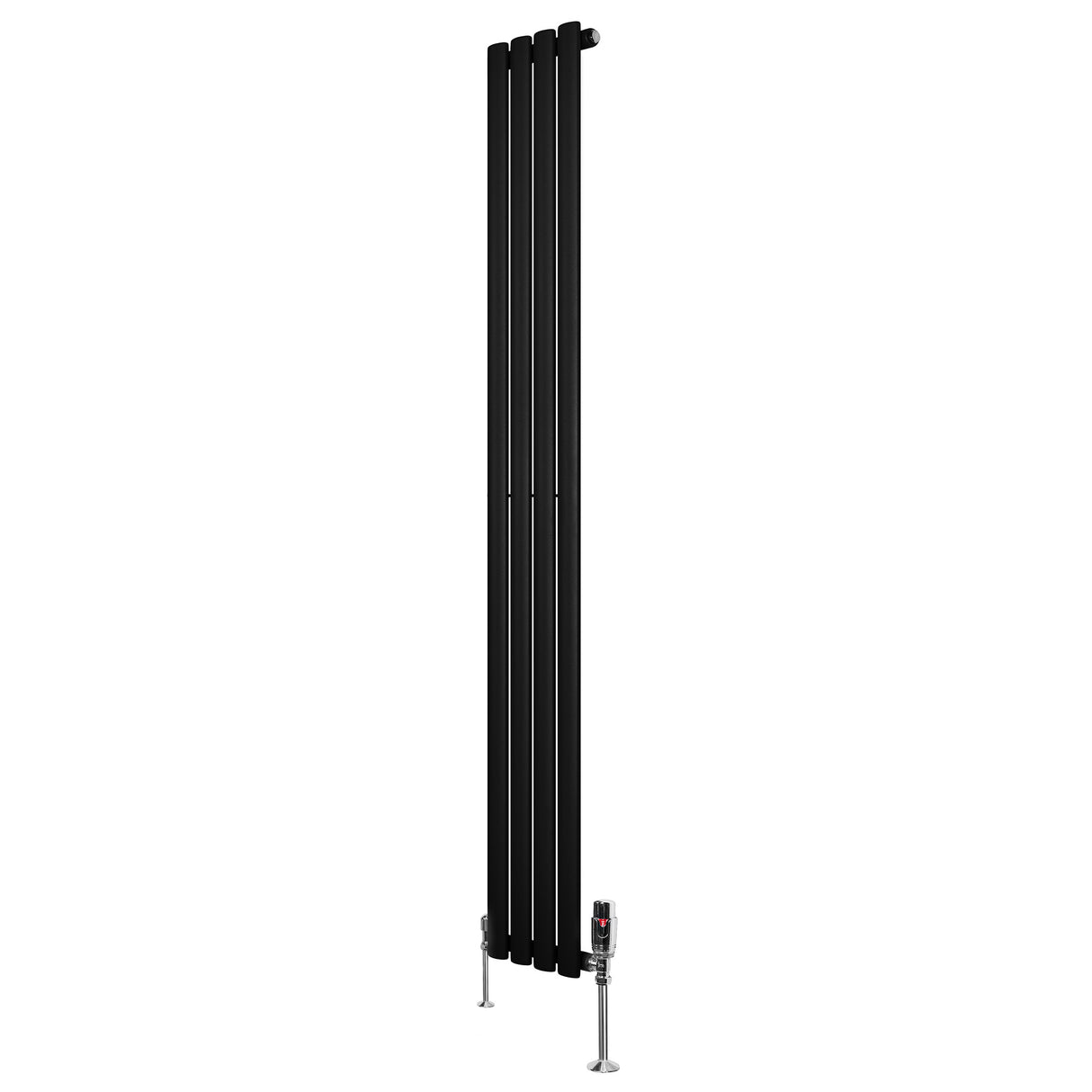 Ovale zwarte design radiator van 1800 mm x 240 mm met een haakse thermostaatkraan en een moderne, slanke uitstraling