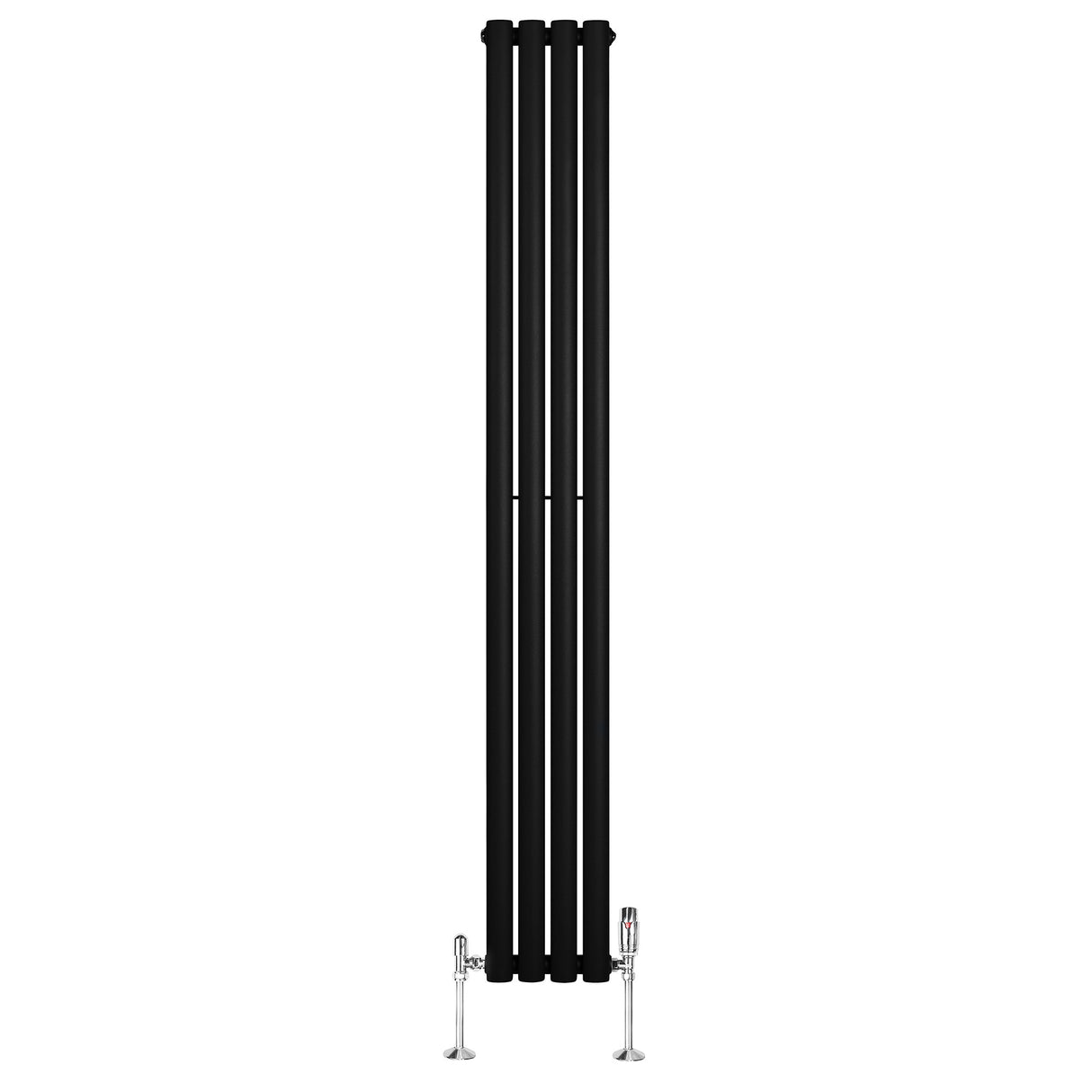 Ovale zwarte design radiator van 1800 mm x 240 mm met een strakke, moderne uitstraling en haakse thermostaatkraan