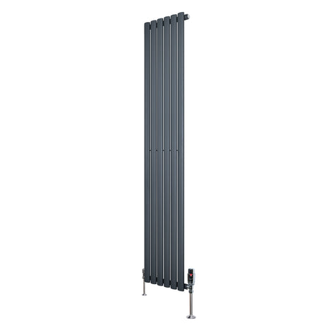 Ovale design radiator in antraciet grijs, 1 kolom, 1800 mm x 360 mm, met haakse thermostaatkraan en strakke lijnen