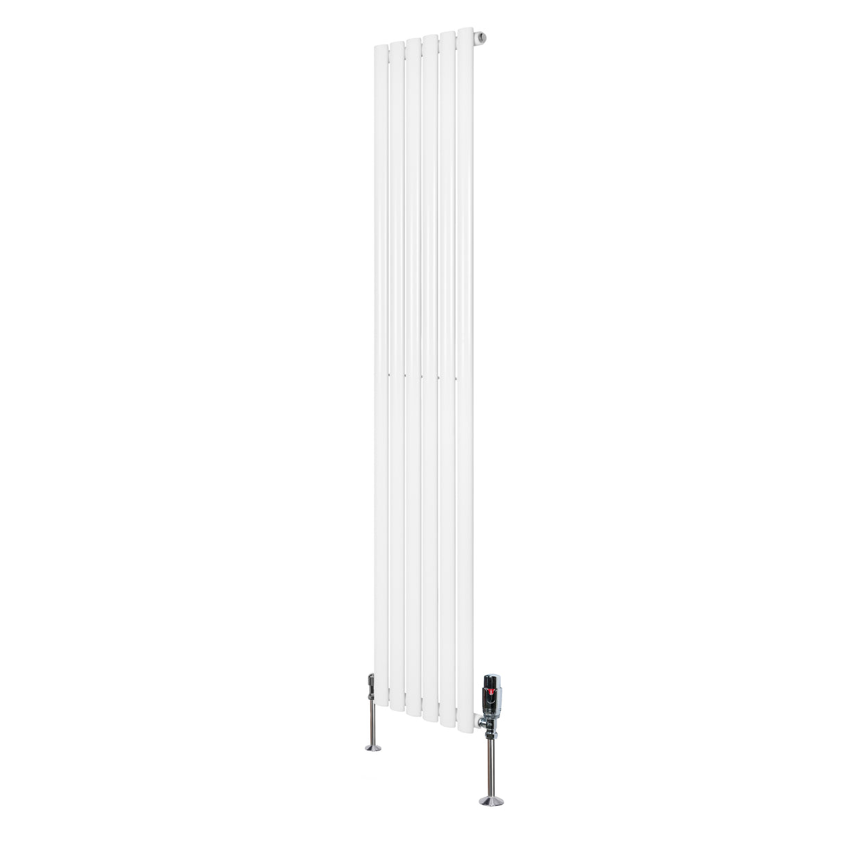 Ovale witte designradiator van 1800 mm x 360 mm met een kolom en haakse thermostaatkraan, strak en modern ontwerp
