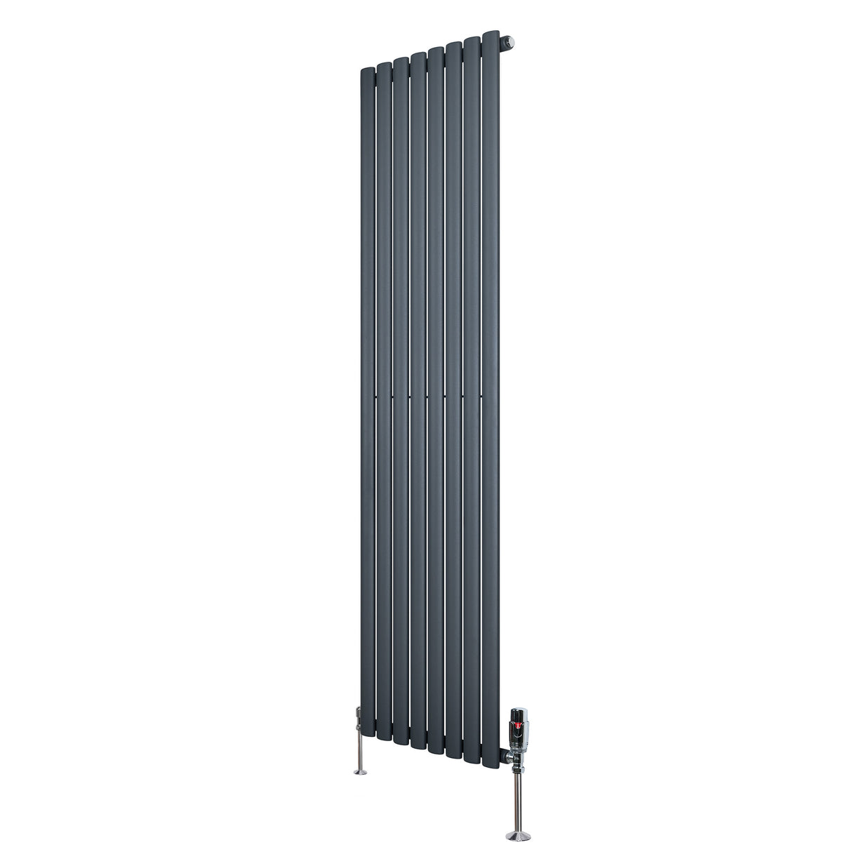 Ovale design radiator in antraciet grijs, 1800 mm x 480 mm, met verticale kolommen en haakse thermostaatkraan voor moderne interieurs