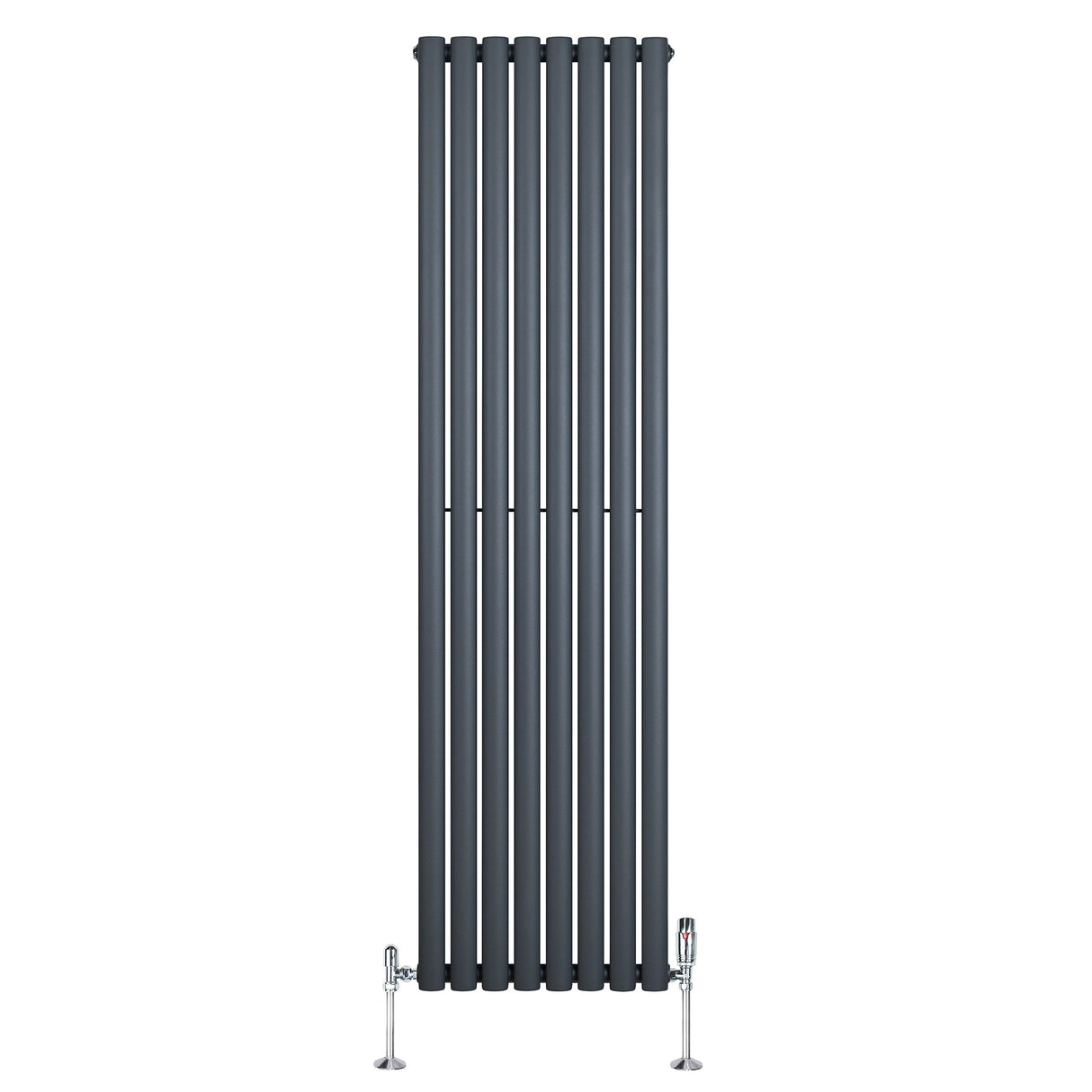 Ovale design radiator in antraciet grijs met één kolom, 1800 mm x 480 mm, inclusief haakse thermostaatkraan