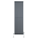 Ovale design radiator in antraciet grijs met één kolom, 1800 mm x 480 mm, inclusief haakse thermostaatkraan