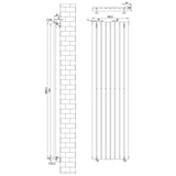 Ovale design radiator in antraciet grijs, 1800 mm x 480 mm, met een haakse thermostaatkraan en strakke verticale lijnen