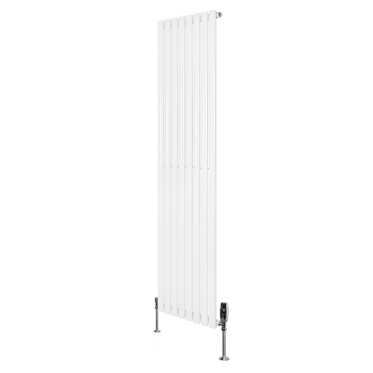 Ovale witte design radiator van 1800 mm x 480 mm met een haakse thermostaatkraan, strak en modern uiterlijk, geschikt voor elke ruimte