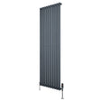 Ovale design radiator in antraciet grijs, 1800 mm x 600 mm, met een moderne, strakke afwerking en haakse thermostaatkraan