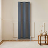 Ovale design radiator in antraciet grijs, 1 kolom, 1800 mm x 600 mm, met haakse thermostaatkraan, stijlvolle toevoeging aan elke ruimte
