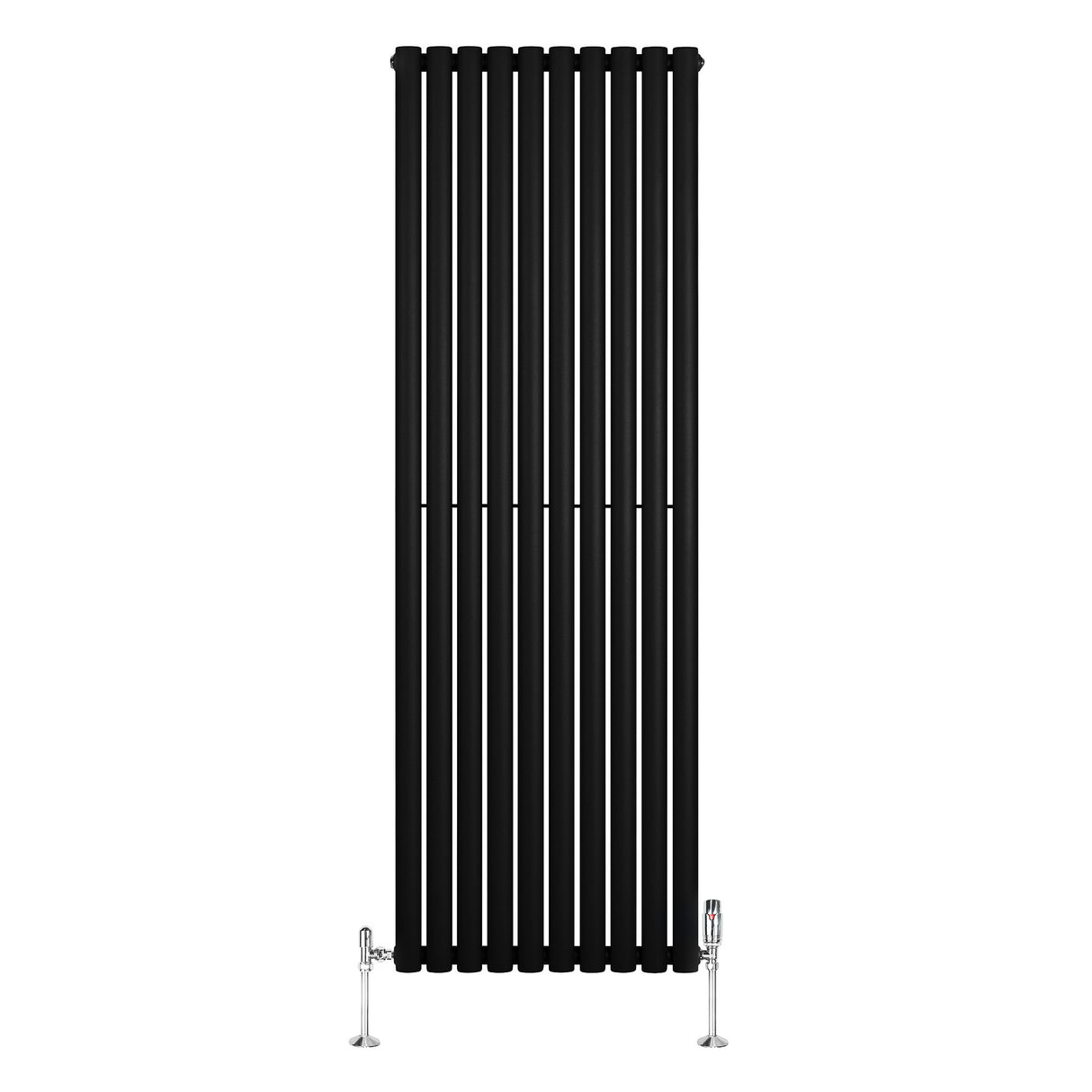 Ovale zwarte design radiator van 1800 mm x 600 mm met een kolom en haakse thermostaatkraan, strak en modern ontwerp