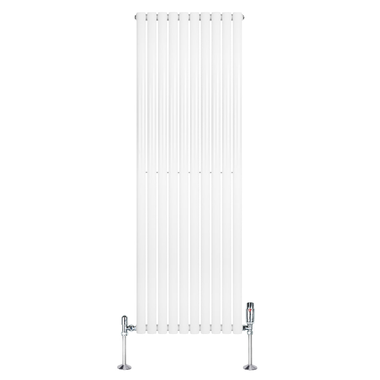 Ovale witte design radiator van 1800 mm x 600 mm met een kolom en haakse thermostaatkraan, strak en modern ontwerp