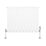 Witte design radiator met vlakke panelen, 1 kolom, 600 x 700mm, inclusief haakse thermostaatkraan en glanzende voetsteunen