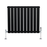 Zwarte design radiator met vlakke panelen, 1 kolom, 600 x 700mm, inclusief haakse thermostaatkraan en glanzende voetsteunen