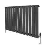 Designradiator met vlakke panelen in antracietgrijs, 1 kolom, 600 x 910mm, inclusief haakse thermostaatkraan en metalen poten
