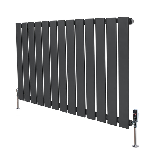 Designradiator met vlakke panelen in antracietgrijs, 1 kolom, 600 x 910mm, inclusief haakse thermostaatkraan en metalen poten