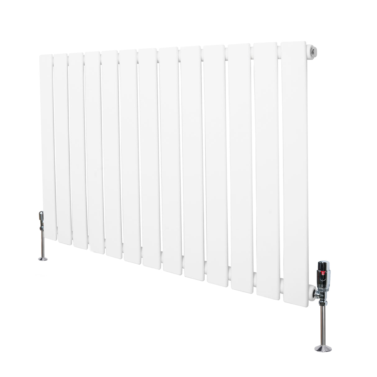 Witte design radiator met vlakke panelen, 1 kolom, 600 x 910mm, inclusief haakse thermostaatkraan aan de onderzijde