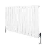 Witte design radiator met vlakke panelen, 1 kolom, 600 x 910mm, inclusief haakse thermostaatkraan aan de onderzijde