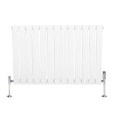 Witte design radiator met vlakke panelen, 1 kolom, 600 x 910mm, inclusief haakse thermostaatkraan en glanzende voetsteunen
