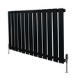 Zwarte designradiator met vlakke panelen, 1 kolom, afmetingen 600 x 910mm, inclusief haakse thermostaatkraan en metalen poten