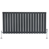 Vlakke design radiator met antraciet grijze panelen, 1 kolom, 600 x 1190mm, inclusief haakse thermostaatkraan en glanzende voetsteunen