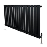 Zwarte designradiator met vlakke panelen, 1 kolom, 600 x 1190 mm, inclusief haakse thermostaatkraan en stevige voetsteunen