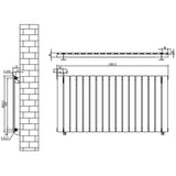 Zwart designradiator met vlakke panelen, 1 kolom, afmetingen 600 x 1190mm, inclusief haakse thermostaatkraan en wandmontage