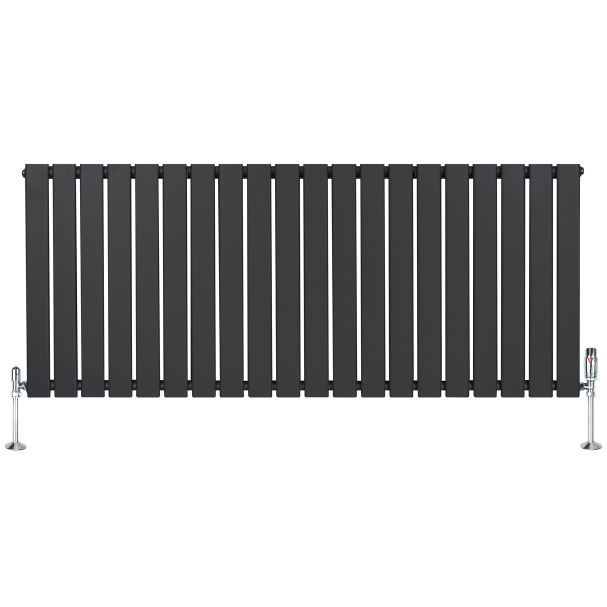 Vlakke panelen design radiator in antraciet grijs, 1 kolom, 600 x 1400mm, met haakse thermostaatkraan en moderne uitstraling