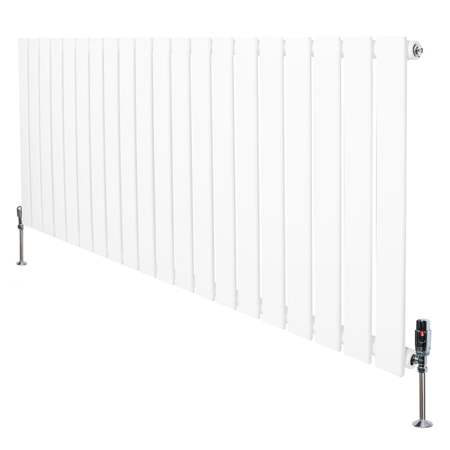 Witte design radiator met vlakke panelen, 1 kolom, 600 x 1400mm, inclusief haakse thermostaatkraan en moderne afwerking