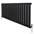 Zwarte designradiator met vlakke panelen, 1 kolom, 600 x 1400 mm, inclusief haakse thermostaatkraan en stevige metalen steunpoten
