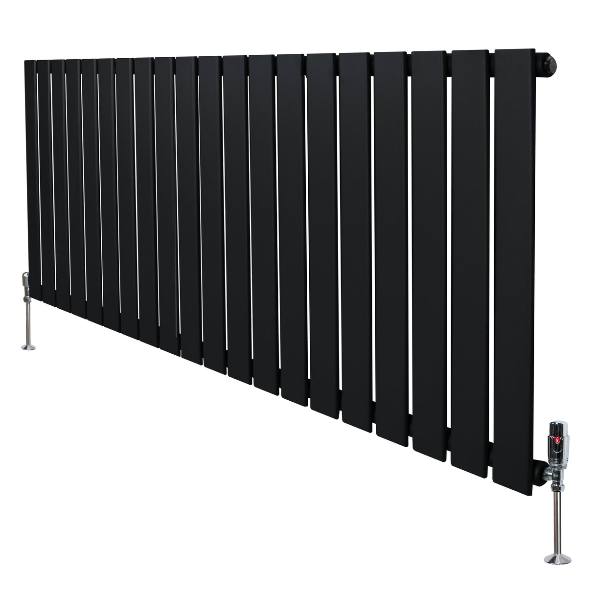 Zwarte designradiator met vlakke panelen, 1 kolom, 600 x 1400 mm, inclusief haakse thermostaatkraan en stevige metalen steunpoten