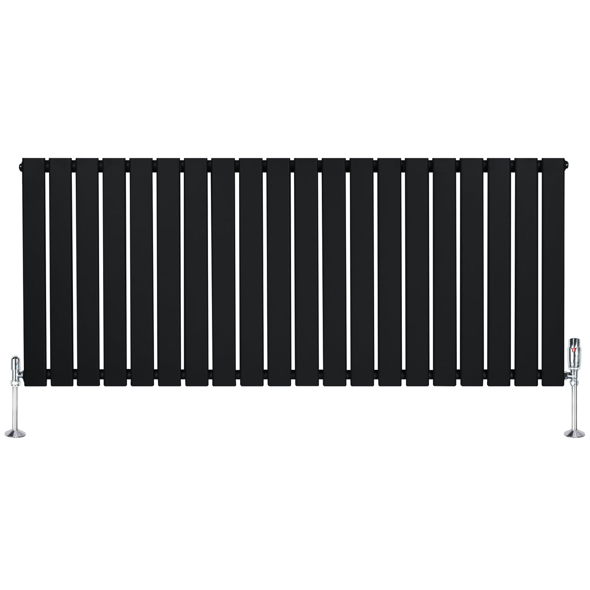 Zwarte designradiator met vlakke panelen, 1 kolom, 600 x 1400 mm, inclusief haakse thermostaatkraan en moderne afwerking