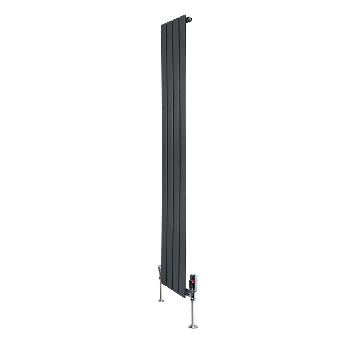 Vlakke design radiator in antraciet grijs, 1600 x 280mm, met een haakse thermostaatkraan en strakke verticale panelen
