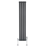Strakke antraciet grijze designradiator met vlakke panelen, 1 kolom, inclusief haakse thermostaatkraan, 1600 x 280mm