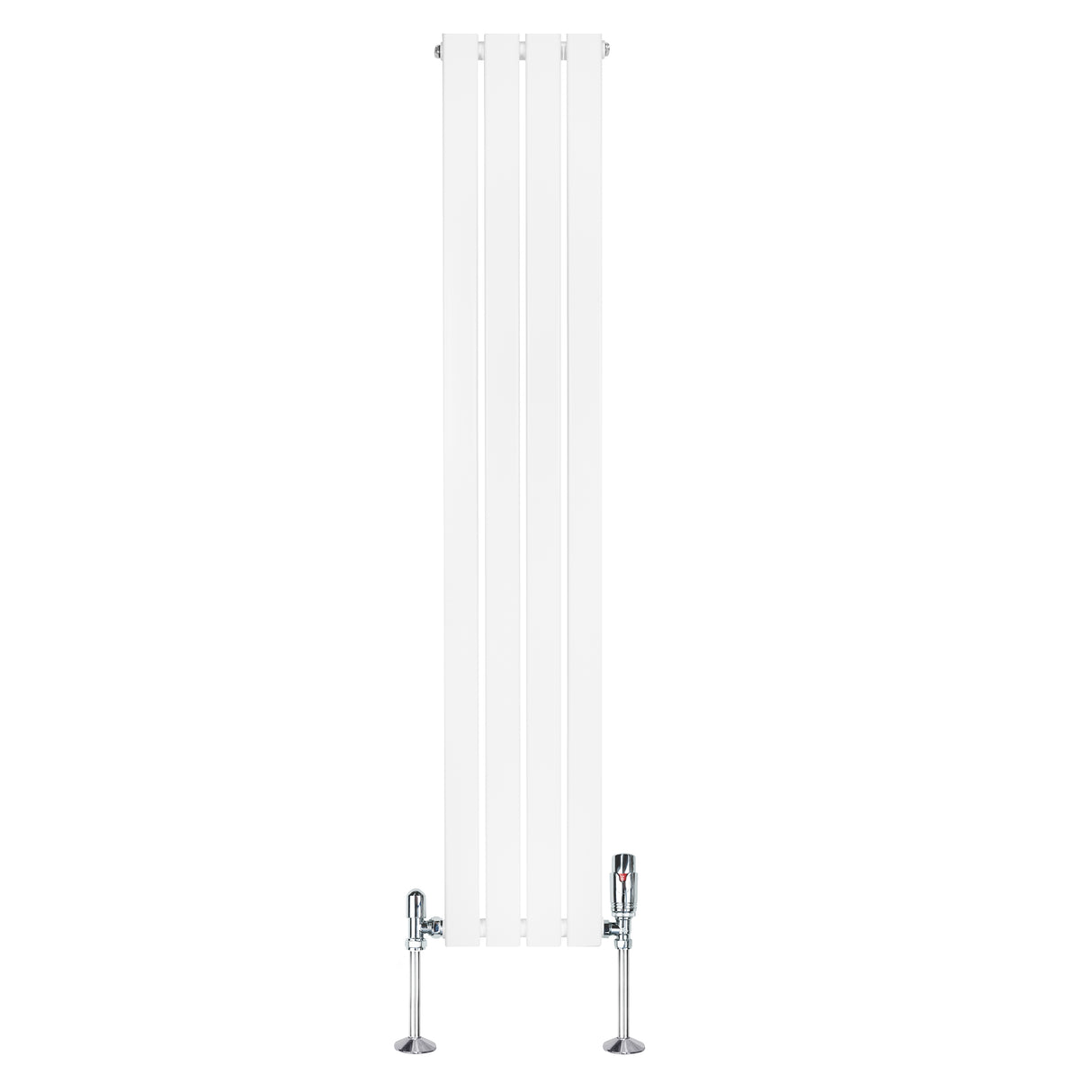 Strakke, witte designradiator met vlakke panelen en een haakse thermostaatkraan, ideaal voor moderne interieurs