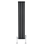Zwarte designradiator met vlakke panelen, 1 kolom, 1600 x 280 mm, inclusief haakse thermostaatkraan en moderne uitstraling