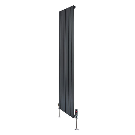 Design radiator met vlakke panelen in antraciet grijs, 1 kolom, 1600 x 420mm, inclusief haakse thermostaatkraan