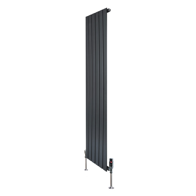 Design radiator met vlakke panelen in antraciet grijs, 1 kolom, 1600 x 420mm, inclusief haakse thermostaatkraan
