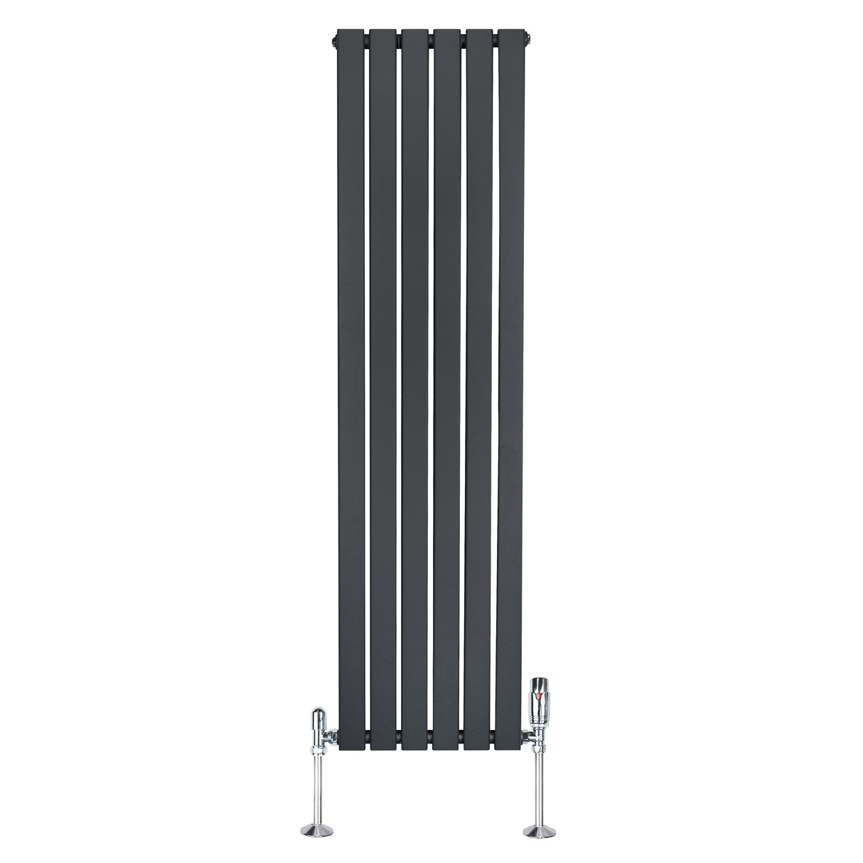 Vlakke design radiator met antraciet grijze panelen, 1 kolom, 1600 x 420mm, inclusief haakse thermostaatkraan voor moderne interieurs