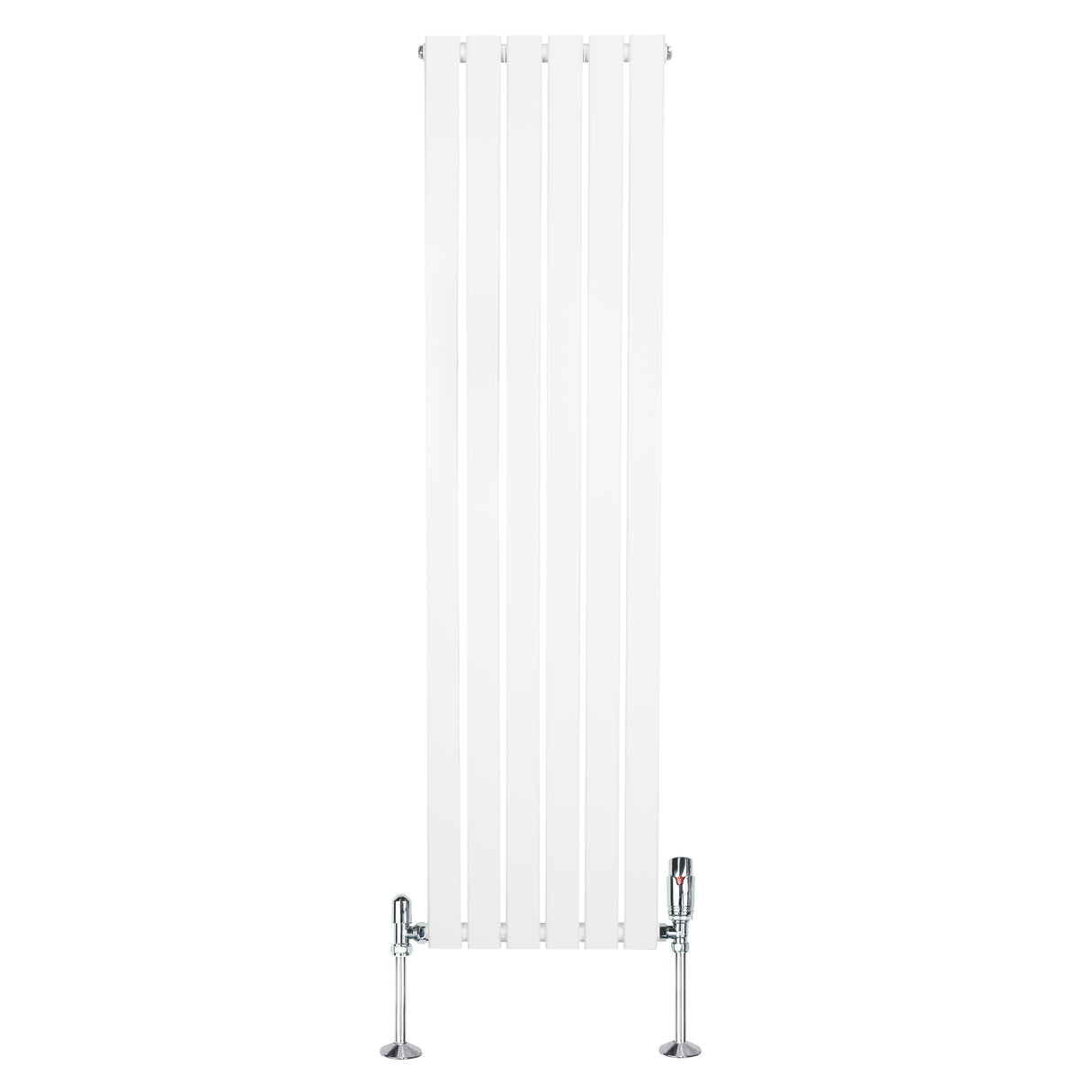Strakke, witte designradiator met vlakke panelen en haakse thermostaatkraan, ideaal voor moderne interieurs en optimale verwarming